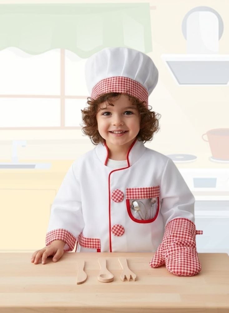 بريميم طقم زي طاهٍ للأطفال – زي طاهٍ صغير مع قبعة ومئزر وأدوات مطبخ للعب الأدوار وألعاب الطبخ والأزياء التنكرية - Image 1